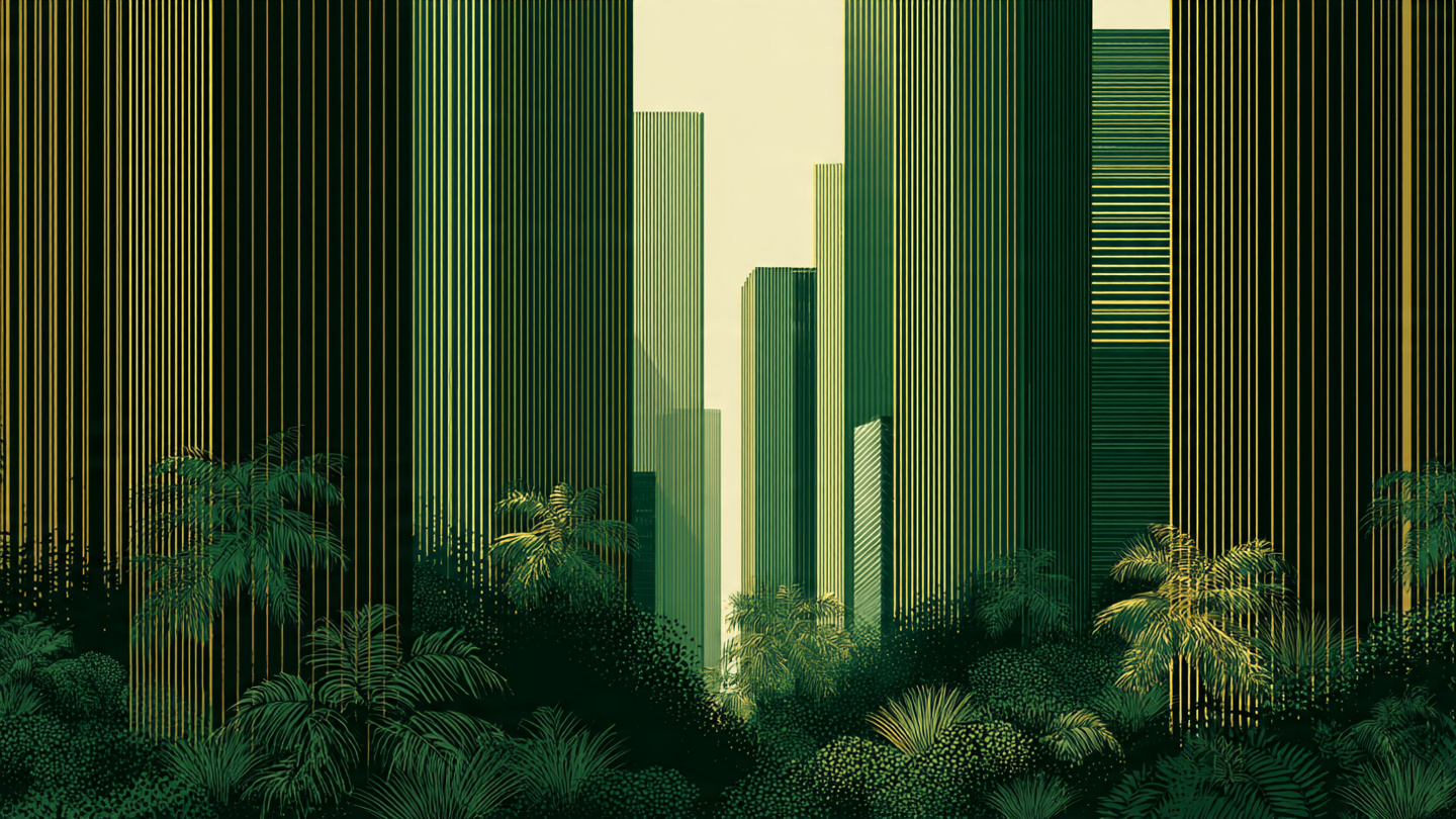Agentic engineering collective — a tropical city skyline rendered in deep green and gold