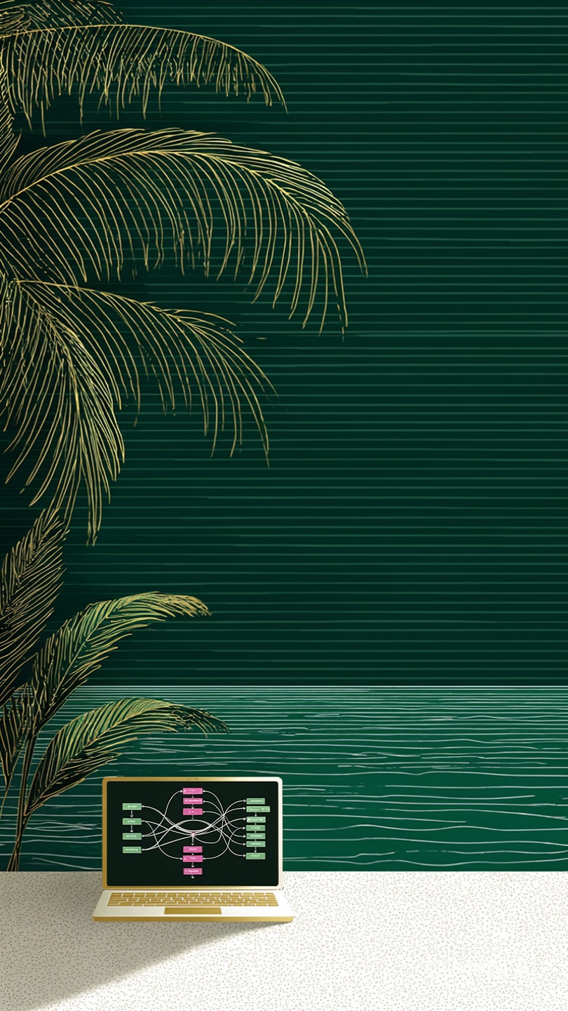 Laptop displaying an AI agent workflow diagram, framed by palm fronds