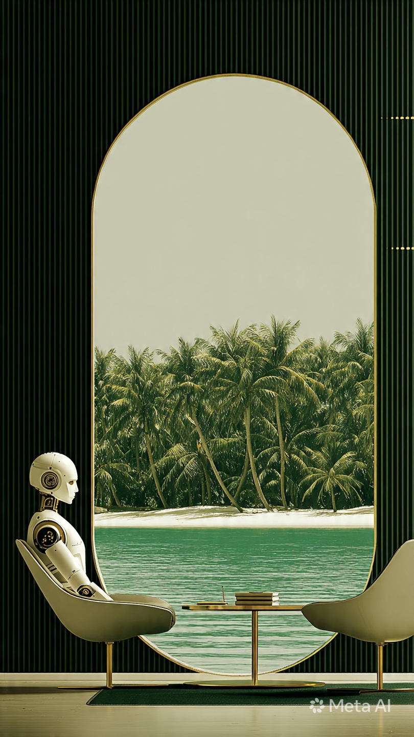 Humanoid robot seated in a lounge chair beside an arched window overlooking a palm-lined beach